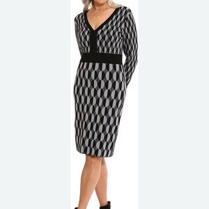 London Times Black and Gray Patterned Long Sleeve Dress